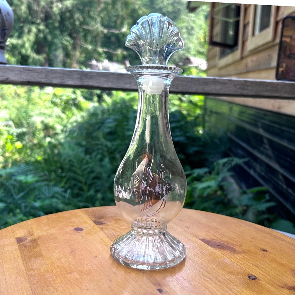 Vintage 70s Glass Bottle Seashell Topper Angelfish Coastal Gold Mermaidcore Avon